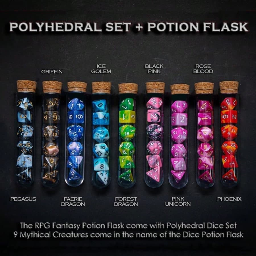 Ensemble De Dés Polyédriques Mythiques Pour D&d Coc Rpg, 7 Pièces Avec Bouteille De Potion Fantastique, Jeu De Table